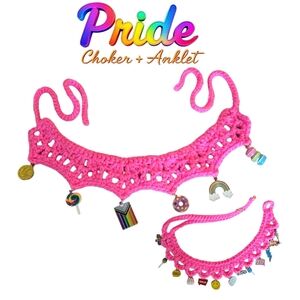 Pink/Colorful Charmed Crochet Choker/Anklet Set, Handmadebyme, Y2K Asthetic